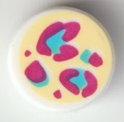 LEGO part Tile, Round 1 x 1 with Magenta and Medium Azure Leopard Spots on Bright Light Yellow Background Pattern 98138pb248