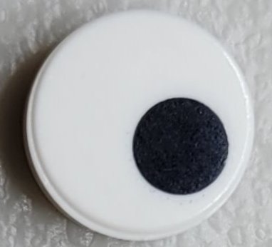 LEGO part Tile, Round 1 x 1 with Small Black Circle / Eye Pupil Offset Pattern (98138pb265)