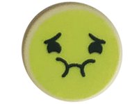 LEGO part Tile, Round 1 x 1 with Emoji, Yellowish Green Queasy Face, and Black Eyes, Eyebrows, and Mouth Pattern 98138pb281