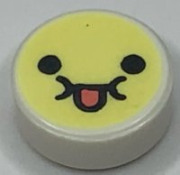 LEGO part Tile, Round 1 x 1 with Emoji, Bright Light Yellow Face, Black Eyes, and Coral Tongue Sticking Out Pattern 98138pb315