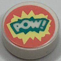 LEGO part Tile, Round 1 x 1 with 'POW!' on Dark Turquoise, Bright Light Yellow, and Coral Background Pattern 98138pb318