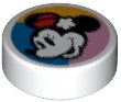 LEGO part Tile, Round 1 x 1 with Minnie Mouse Head Profile with Red Hat on Blue, Bright Light Orange, and Bright Pink Background Pattern 98138pb320