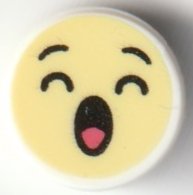 LEGO part Tile, Round 1 x 1 with Emoji, Bright Light Yellow Face, Closed Eyes, and Open Mouth with Coral Tongue Pattern (98138pb349)