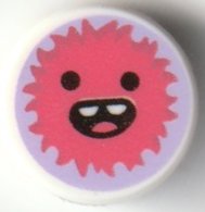 LEGO part Tile, Round 1 x 1 with Coral Furry Monster Head with Open Mouth Smile with 2 Top Teeth and Tongue on Lavender Background Pattern 98138pb354