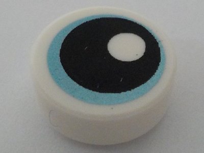 LEGO part Tile, Round 1 x 1 with Eye with Metallic Light Blue Iris and Black Pupil Pattern (98138pb400)