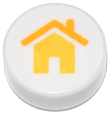 LEGO onderdeel Tile, Round 1 x 1 with Yellow House with Bright Light Orange Roof and Chimney Pattern (98138pb434)