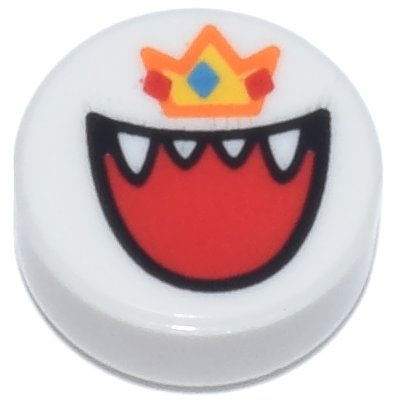 LEGO part Tile, Round 1 x 1 with Open Mouth with Teeth and Tongue, Orange and Yellow Crown with Red and Blue Diamonds Pattern (Super Mario King Boo) (98138pb462)