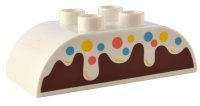 LEGO part Duplo, Brick 2 x 4 Slope Curved Double with Frosting with Coral, Medium Azure, and Yellow Sprinkles over Reddish Brown Cake Pattern 98223pb027