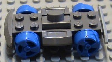 LEGO part Vehicle, Base 4 x 6 Racer Base with Blue Wheels and Light Gray Bumper (30558c02)