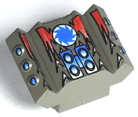 LEGO part Steen, Modificado 2 x 2 Sin Espigas, Inclinado con Extensiones de Bloque Angulares con Llamas Rojas y Patrón Hoja de Sierra Azul en Círculo Blanco (30601pb04)
