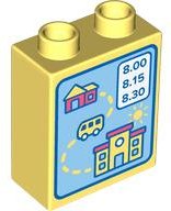 LEGO part Duplo, Brick 1 x 2 x 2 with Map, Coral Buildings and White Bus Timetable with Blue '8.00', '8.15', '8.30' and Border on Medium Blue Background Pattern 4066pb803