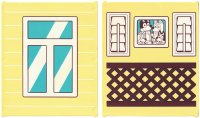 LEGO onderdeel Glass for Window 1 x 6 x 6 Flat Front with Window with Medium Azure Panes, White Frame and Reflections / Bluey Family Photo and Reddish Brown Lattice Railing Pattern 42509pb13