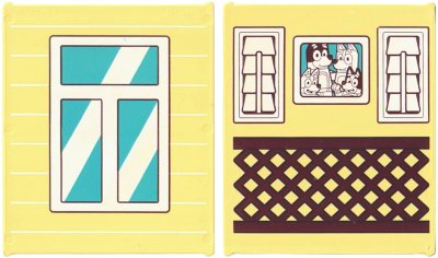 LEGO part Glass for Window 1 x 6 x 6 Flat Front with Window with Medium Azure Panes, White Frame and Reflections / Bluey Family Photo and Reddish Brown Lattice Railing Pattern (42509pb13)