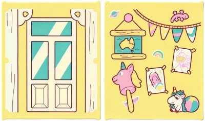 LEGO part Glass for Window 1 x 6 x 6 Flat Front with Window with Medium Azure Panes, White Frame, Bottom Panels and Reflections / Bright Pink Stick Unicorn, Lizard, Rainbow, Beach Ball, Taped Pictures, Hanging Map and Bunting Pattern (42509pb15)