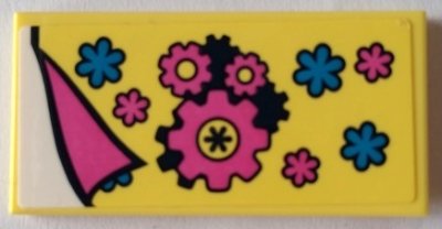 LEGO part Tile 2 x 4 with Blanket with Dark Pink Gears and Flowers Pattern (Sticker) - Set 41329 (87079pb1040)