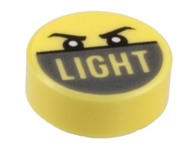 LEGO part Tile, Round 1 x 1 with Angry Eyes and 'LIGHT' on Silver Background Pattern (98138pb357)