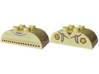 LEGO part Duplo, Brick 2 x 4 Slope Curved Double with Reddish Brown, Bright Light Orange and White Dots and Collar / Hoodie with Laces, Button and Star Pattern 98223pb045