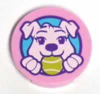 LEGO part Carreau, Rond 2 x 2 with Bottom Stud Holder with Puppy Dog Holding Ball in Mouth Pattern 14769pb308