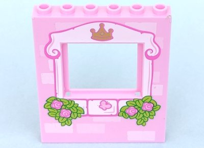 LEGO part Panneau 1 x 6 x 6 avec Fenêtre avec Cadre Rose Clair, Briques, Couronne, Papillon, Roses et Motif de Feuilles (15627pb003)