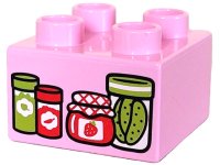 LEGO part Duplo, Stein 2 x 2 mit grünen und roten Gläsern mit Kräutern, Erdbeermarmelade und Einlegegurken-Muster 3437pb120
