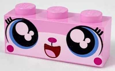 LEGO part Brick 1 x 3 with Cat Face Open Mouth Smile Showing Tongue Pattern (Unikitty) (3622pb107)