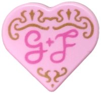 LEGO part Tile, Round 1 x 1 Heart with Gold Filigree and Dark Pink Script 'G + F' Pattern 39739pb08