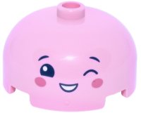LEGO part Brick, Round 3 x 3 x 1 1/3 Dome Top - Open Stud with Face with Dark Blue Eyebrows, Mouth and Winking Eye Left, Dark Pink Cheeks Pattern 49308pb005