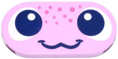 LEGO part Tile, Round 2 x 4 Oval with Face, Dark Blue and White Eyes and Smile, Dark Pink Spots Pattern (Axolotl) (66857pb119)