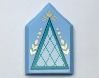 LEGO part Tile, Modified 2 x 3 Pentagonal with White and Dark Turquoise Triangle and Gold Highlights Pattern 22385pb182