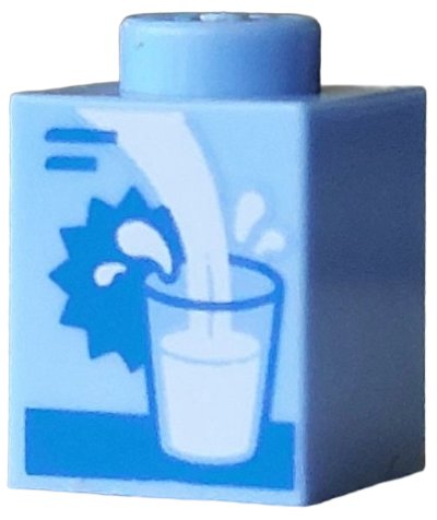 LEGO part Brick 1 x 1 with Blue Glass Outline, Lines and Star Tag, White Pouring Drink and Splashes Pattern (Milk Carton) (3005pb075)