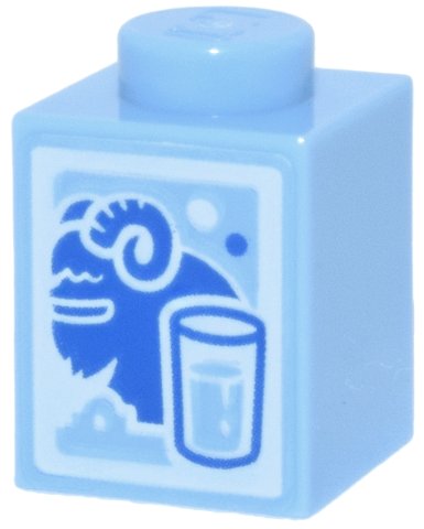 LEGO part Brick 1 x 1 with Blue SW Bantha and Glass Outline on White Background Pattern (Milk Carton) (3005pb078)