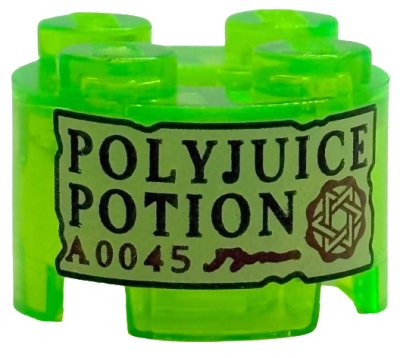 LEGO part Brick, Round 2 x 2 with Axle Hole with Tan Label with Black 'POLYJUICE POTION' and Dark Red 'A0045' and Symbol Pattern (3941pb60)