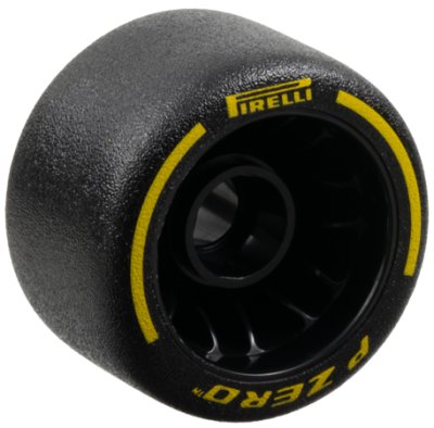 LEGO part Rueda 24 x 14.9 con Agujero de Pasador con Llanta de Goma Dura Moldeada Negra e Impreso Amarillo 'PIRELLI', 'P ZERO' y Patrón de Arcos (110100pb01)