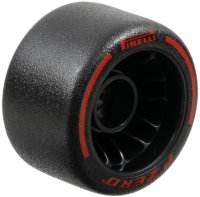 LEGO part Rueda 24 x 14.9 con Agujero de Pasador con Llanta de Goma Dura Moldeada Negra e Impreso Rojo 'PIRELLI', 'P ZERO' y Patrón de Arcos 110100pb02