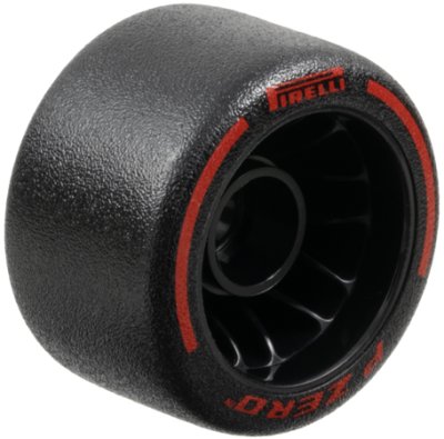 LEGO part Rueda 24 x 14.9 con Agujero de Pasador con Llanta de Goma Dura Moldeada Negra e Impreso Rojo 'PIRELLI', 'P ZERO' y Patrón de Arcos (110100pb02)