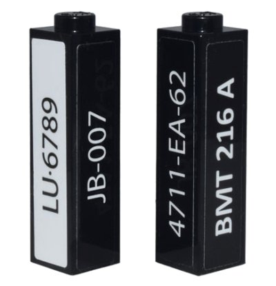 LEGO part Mattone 1 x 1 x 3 con Motivo 'LU·6789' 'JB-007' '4711-EA-62' 'BMT 216 A' su Tutti i Lati (Adesivi) - Set 10262 (14716pb004)