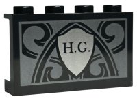 LEGO part Panel 1 x 4 x 2 with Side Supports - Hollow Studs with 'H.G.' on Silver Shield and Ornate Pearl Dark Gray Background Pattern 14718pb047