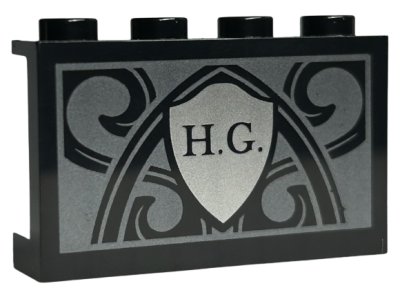 LEGO part Panel 1 x 4 x 2 with Side Supports - Hollow Studs with 'H.G.' on Silver Shield and Ornate Pearl Dark Gray Background Pattern (14718pb047)