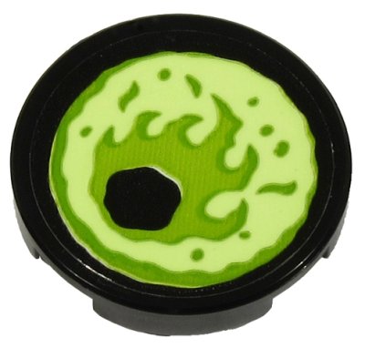 LEGO part Piastrella, Rotonda 2 x 2 con Supporto Bottone Inferiore con Occhio Verde Giallastro su Sfondo Nero Modello Lato Sinistro (Adesivo) - Set 70432 (14769pb310L)