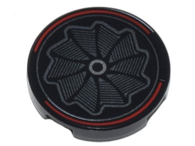 LEGO part Piastrella, Rotonda 2 x 2 con Supporto Bottone Inferiore con Cerchione Ruota Girandola Argento e Motivo Linee Curve Rosse (14769pb517)