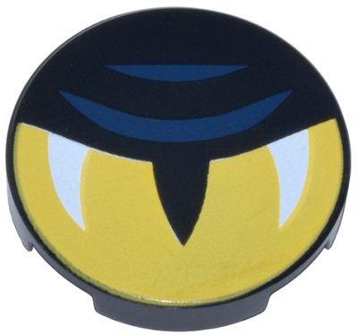 LEGO onderdeel Tegel, Rond 2 x 2 met Onderkant Noppen Houder met Geel Oog Half Gesloten, Spleet Pupil, Witte Glans, en Donker Blauw Ooglid Lijnen Patroon (14769pb620)