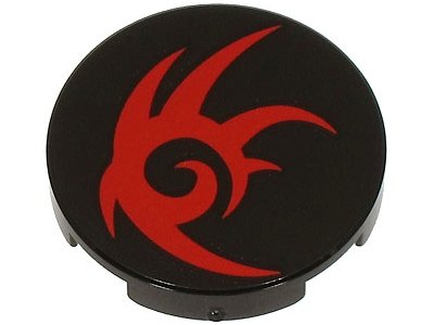 LEGO part Tile, Round 2 x 2 with Bottom Stud Holder with Red Tribal Symbol Pattern (Shadow the Hedgehog Logo) (14769pb658)