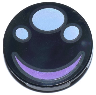 LEGO part Tile, Round 2 x 2 with Bottom Stud Holder with 3 White Dots / Pupils and Medium Lavender Curved Line / Smile Pattern (14769pb662)