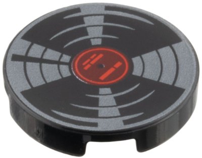 LEGO part Tile, Round 2 x 2 with Bottom Stud Holder with Vinyl Record with Red and Dark Red Label and Dark Silver Highlights Pattern (14769pb787)