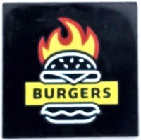 LEGO part Tile 4 x 4 with Red and Yellow Flames, White Burger Outline and 'BURGERS' Pattern 1751pb012