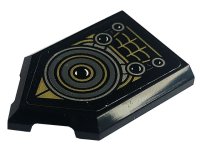 LEGO part Tile, Modified 2 x 3 Pentagonal with Spider Web, Eyes and Dark Bluish Gray, Gold and Silver Circles Pattern (Sticker) - Set 76195 22385pb233