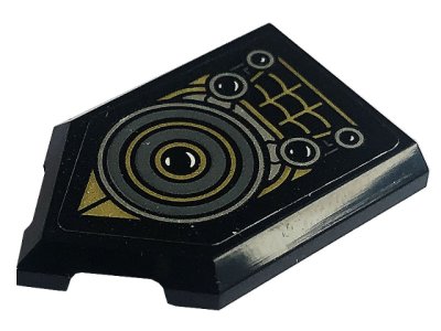 LEGO part Tile, Modified 2 x 3 Pentagonal with Spider Web, Eyes and Dark Bluish Gray, Gold and Silver Circles Pattern (Sticker) - Set 76195 (22385pb233)