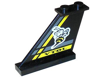 LEGO part Tail 4 x 1 x 3 with Bee, Black 'VTOL', and Dark Gray and Yellow Stripes Pattern on Both Sides (Stickers) - Set 8222 (2340pb012)