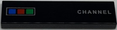 LEGO part Tile 1 x 4 with Blue, Red and Green Buttons and 'CHANNEL' Pattern (2431pb0637)