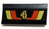 LEGO part Veicolo, Spoiler / Plow Blade 6 x 3 with Hinge with Red and Yellow Stripes and Number 4 Pattern 2440pb002